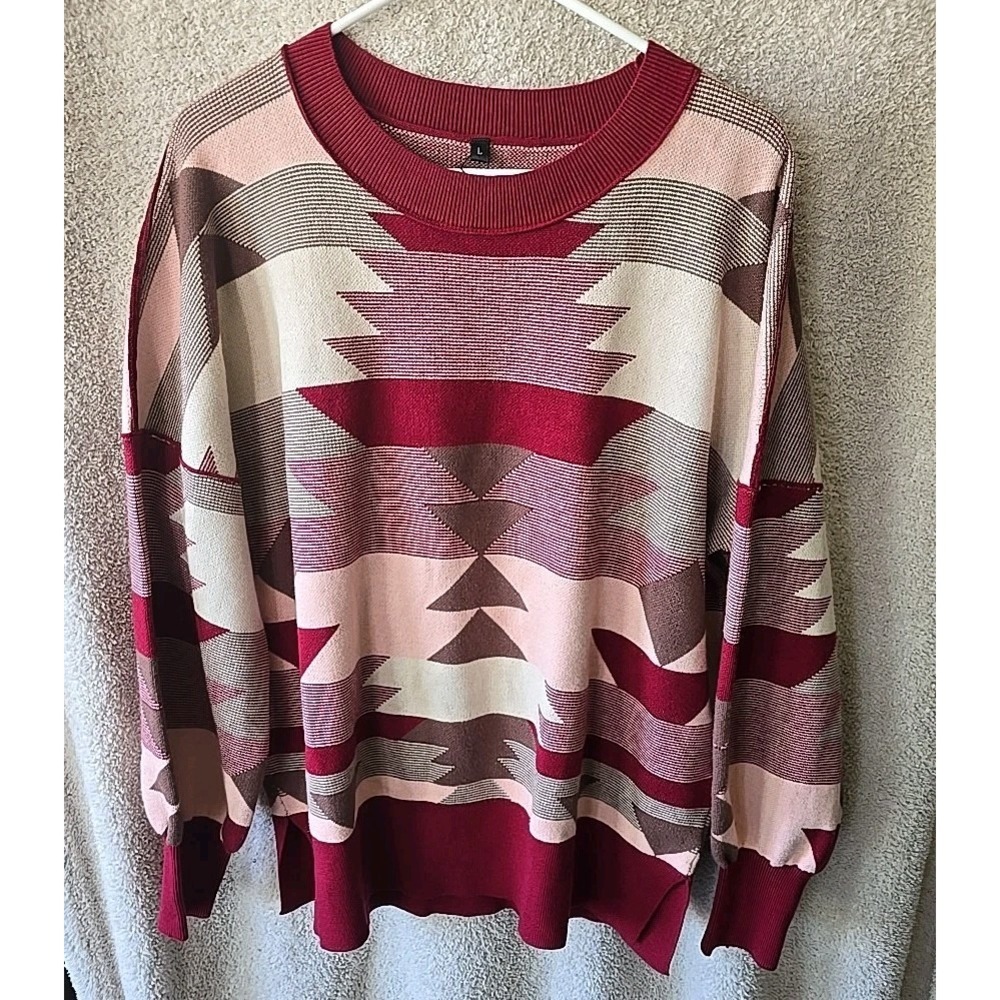 Saukole Aztec Crewneck Pullover Sweater Pink/red/cream Size L NWT‎ Fall Autumn